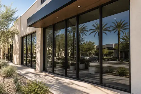 Finished solar window film on a modern storefront